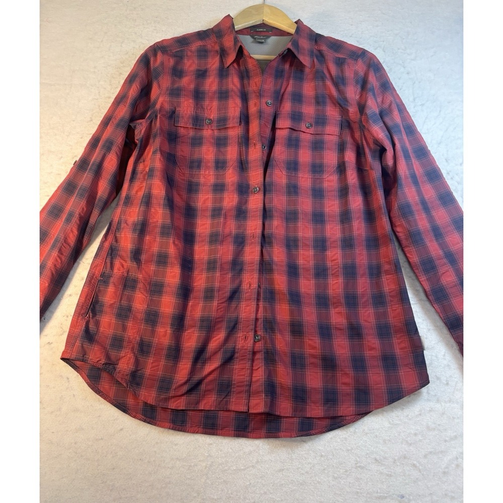 Eddie Bauer Button Up Long Sleeve Shirt Womens M Red Navy Plaid Outdoor